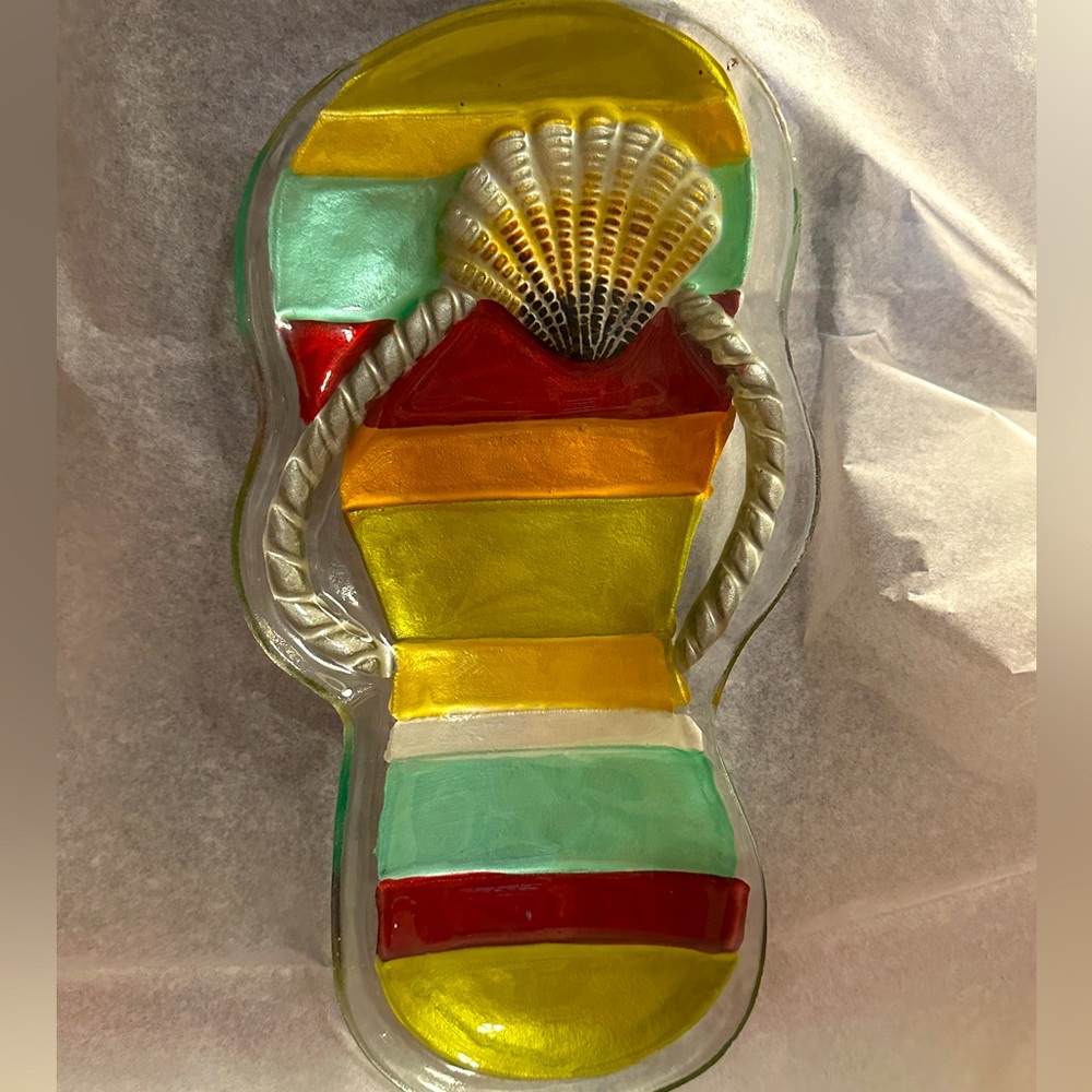 🦃Fused Glass Flip Flop Serving Tray Dish Colorful Party Décor, EUC